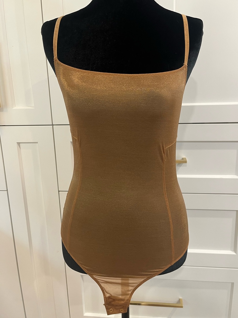 SKIMS Square Neck Sheer Metallic Sparkle Gold Bodysuit Velvet Straps Size Large